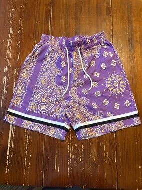 ROMWE Purple Shorts with Yellow Floral Paisley Print
